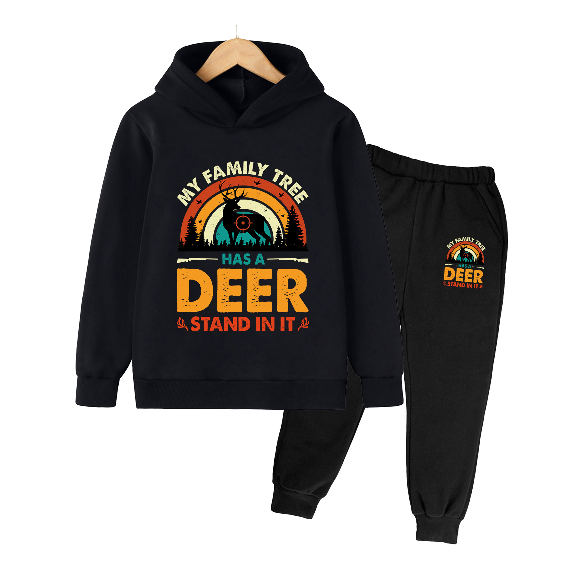 Hunting Outdoor Boys - Kinder-Hoodie & Jogginghosen-Set, Retro-Hirschjagd-Print-Outfit für Jungen