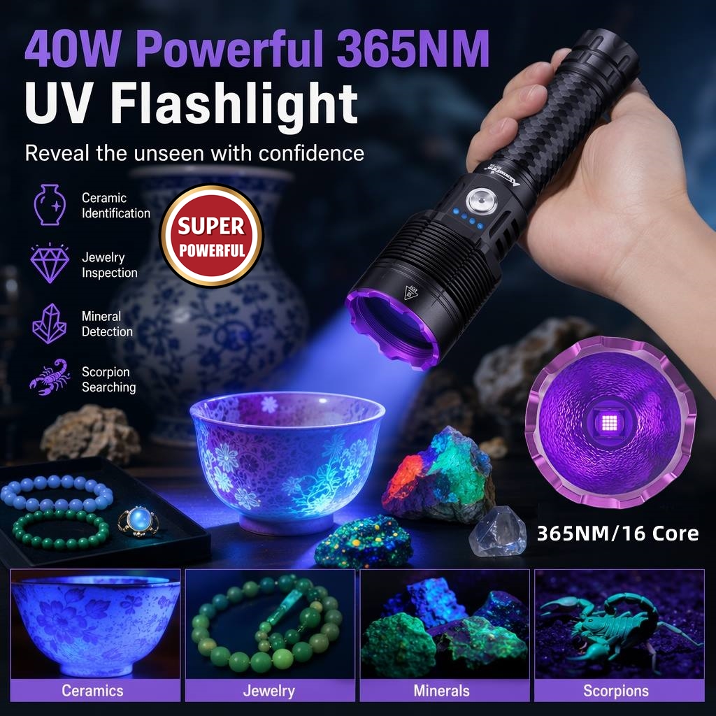 Tactical Flashlight Rechargeable - Neue LED 40W 365nm UV-LED-Schwarzlicht Hochleistungs-Taschenlampe
