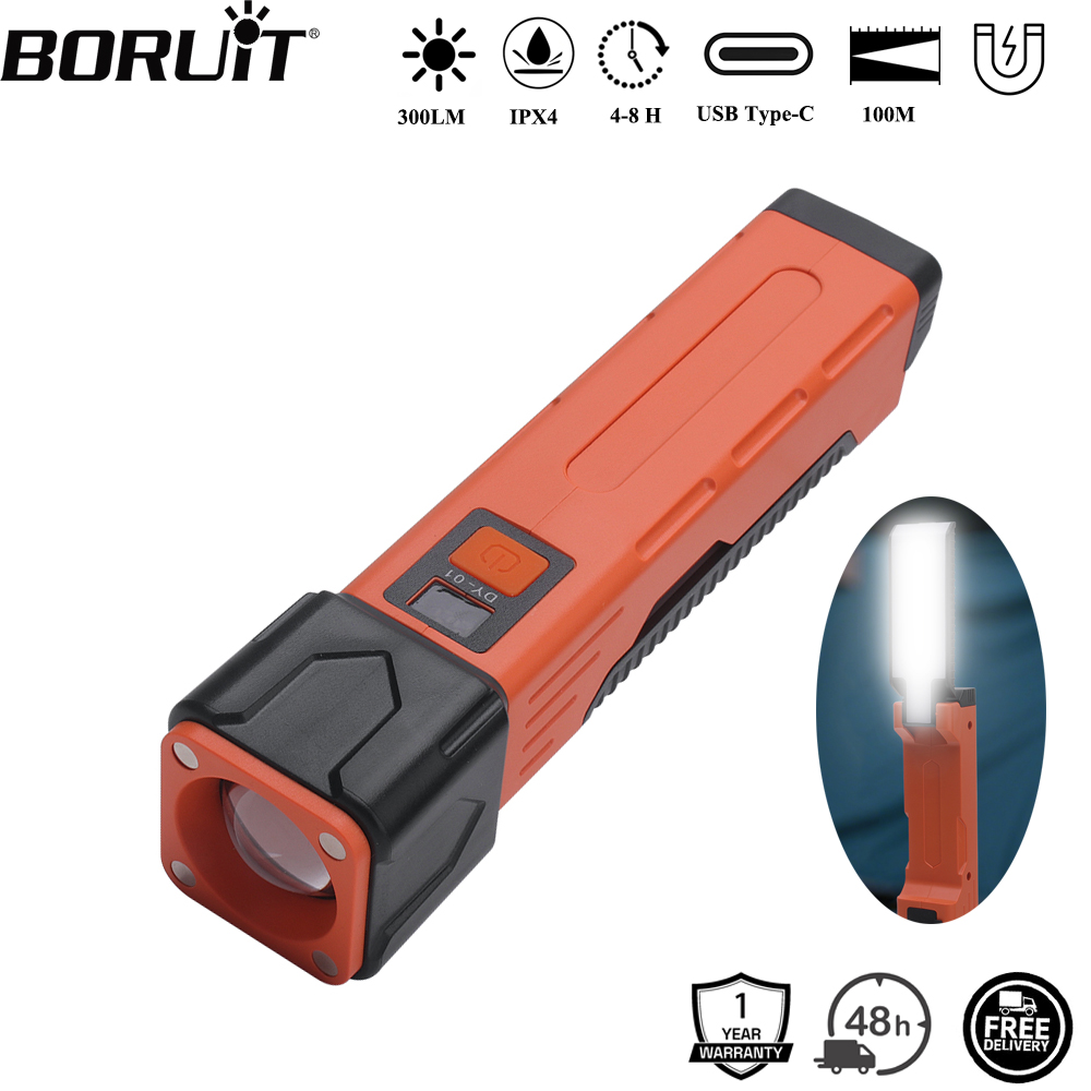 Tactical Flashlight Rechargeable - BORUiT 300LM LED-Arbeitslicht, Zoom-Taschenlampe, Typ C,