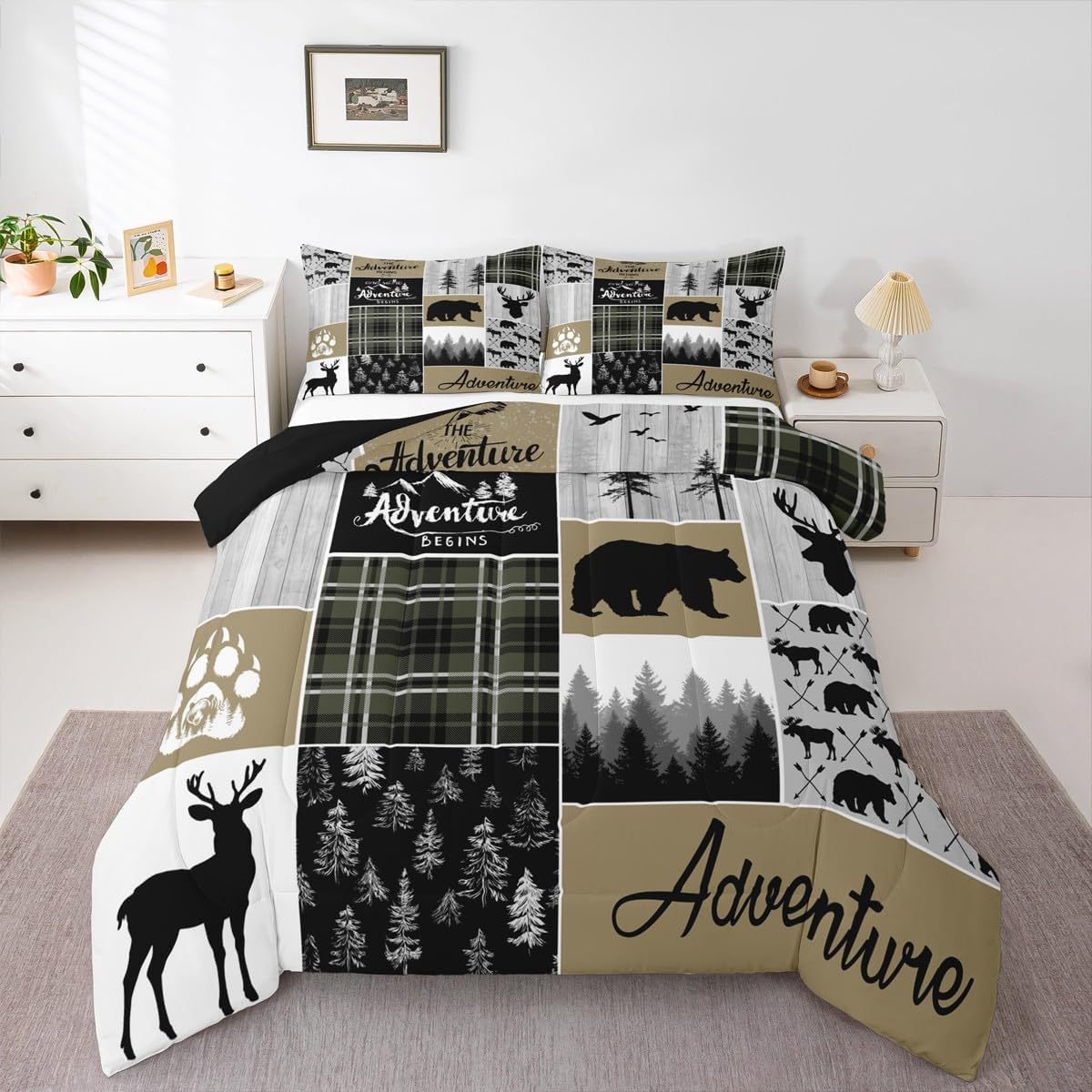 Hunting And Camping In Forest - Bauernhaus Land Bär Elch Bettbezug Set