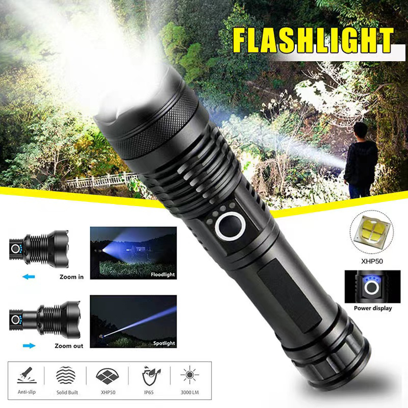 Tactical Flashlight Rechargeable - Hochleistungs-XHP70-LED-Taschenlampe, wiederaufladbar, USB-C-Taschenlampe, zoombare Handlaterne, wasserdichte
