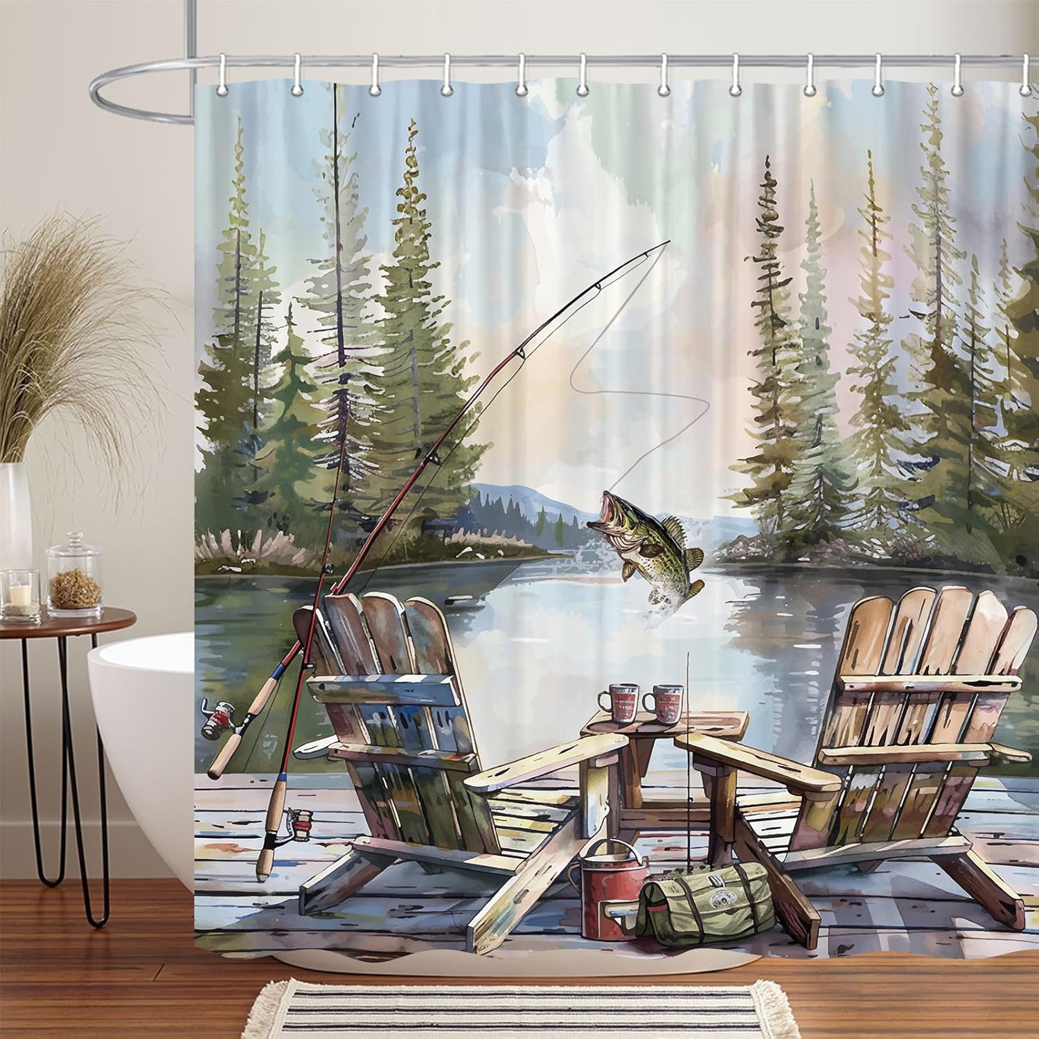 Rustikaler Angel-Duschvorhang, – Hunting And Camping In Forest Bewertung und Preis